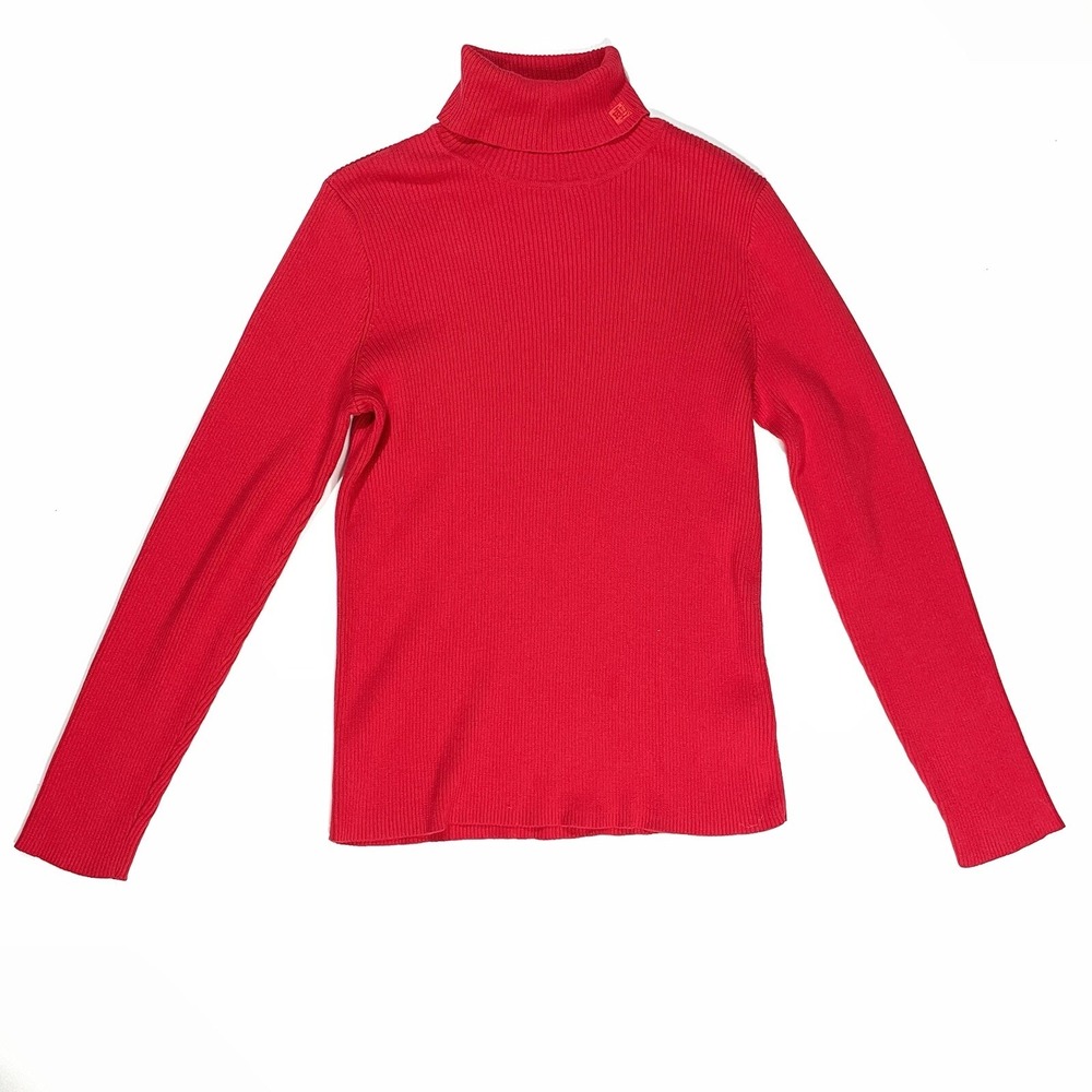 LRL Ralph Lauren Women's Large Red Rib Knit Cotton Turtleneck Sweater